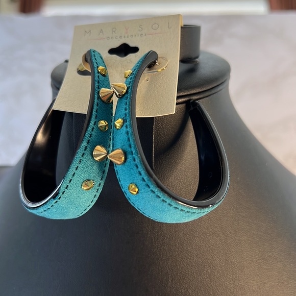 2 3/4 inch Earrings-Fabulous Statement Teal Studded TearDrop Hoop Faux Suede - Picture 9 of 9